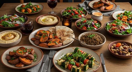 Delicious Vegetarian Feast Table Setting with Roasted Sweet Potatoes
