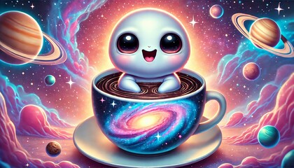 Fototapeta premium Cosmic Cup – Adorable Space Creature in a Galaxy-Themed Coffee