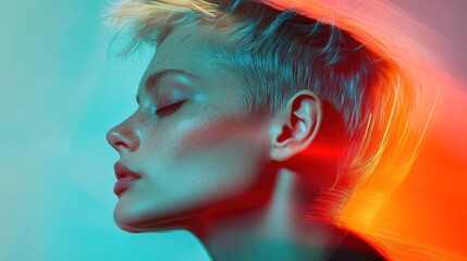 Woman with short hair, eyes closed, side profile, bright blurred background, for artistic portrait