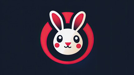 Obraz premium Cute cartoon bunny in red circle, dark background, app icon design