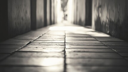 Sunlit alleyway path, city, monochrome, person, background blur, urban texture