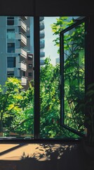 Naklejka premium Window plant city architecture.