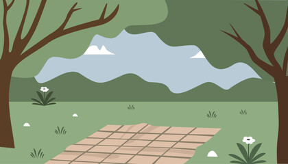 Picnic place. Picnic blanket. Picnic park. Open public space. Trees. Bushes. Spring season. Summertime.