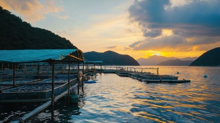 Obraz premium Coastal aquaculture farm sunset; ocean, bay, fishing, cultivation, Asia