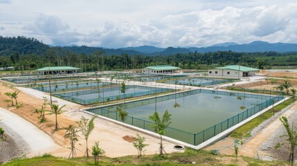 Rural aquaculture farm construction, tropical landscape