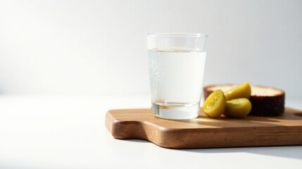 A refreshing glass of clear spirit sits on a wooden board alongside some pickled vegetables and bread