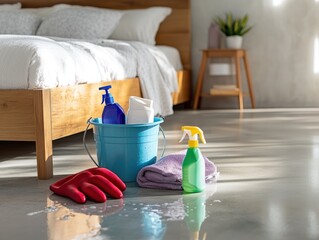 Bedroom cleaning supplies; floor cleaning; sunlight; bedroom background; home cleaning