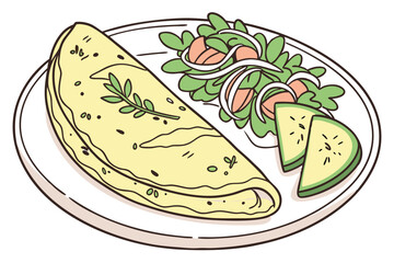 Gourmet omelette, golden yellow, sprinkled with fresh herbs, white ceramic plate, side salad with mixed greens, thinly sliced cucumber, restaurant presentation, soft lighting, high-resolution food 