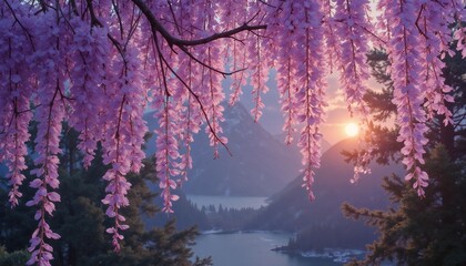 Naklejka premium Tranquil Mountain Lake Landscape with Wisteria Blossoms in Soft Sunset Light