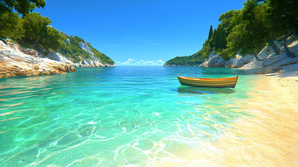Obraz premium Small wooden boat floats on crystal-clear turquoise water in a secluded tropical bay surrounded by lush green cliffs under a bright blue sky.