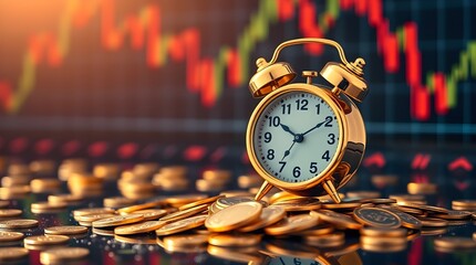 stock photo, warm autumn colors, creative lighting. A shiny gold alarm clock with two bells sits on gold coins, coins in the background. The clock has a black face with white numbers and hands.