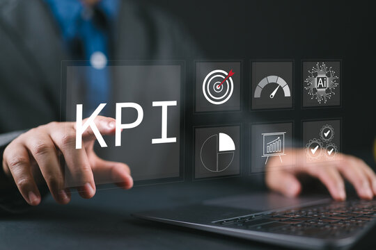 KPI Key Performance Indicator, person performance indicators, Person working with data management system to make report with KPI, metrics connected to database. Finance, operations, sales, marketing