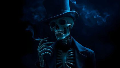Skeleton in top hat, glowing blue eyes, cigar smoke, dark background, eerie atmosphere, digital art, surreal, high contrast, blue tones, spooky, Halloween-inspired, detailed texture, cinematic lightin