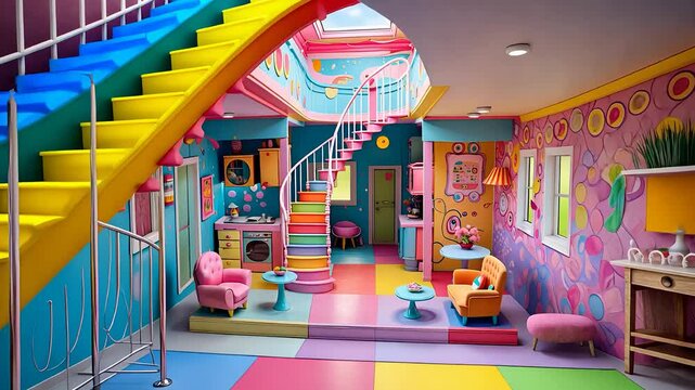Colorful Playful Interior with Vibrant Decor, Rainbow Stairs, Bright Furniture, and Whimsical Patterns

