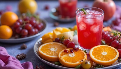 Refreshing Fruit Iced Drink with Oranges and Grapes. Ramadan Beverage