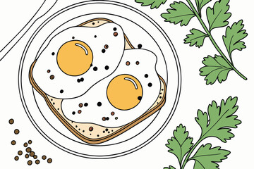 Sunny side up eggs, crispy edges, golden yolks, white plate, overhead view, minimalist breakfast, herb garnish, parsley leaves, black pepper specks, high-resolution food photography, clean backgrou