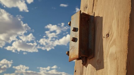 Rusty metal bracket bolted to wooden post, sunny sky