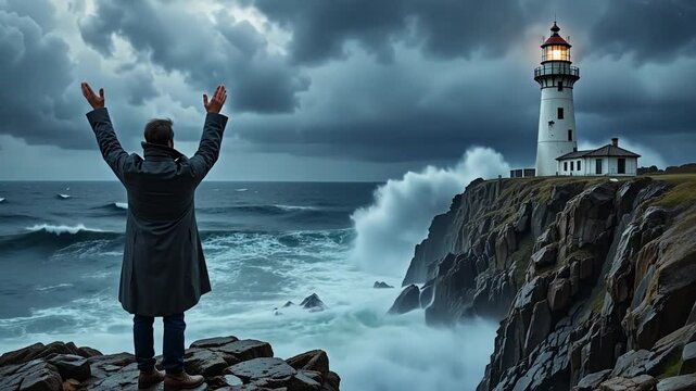 A solitary lighthouse keeper in a thick, weathered coat stands on a rocky cliffside, gazing out at the vast, stormy ocean