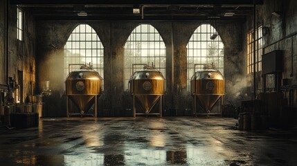 Fototapeta premium Brewery, industrial, fermenters, brewing, steam, factory, sunlight, grunge, large, tanks