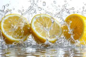 Isolated flying lemon with water droplets and slices, shadow on white background, clipping path