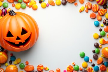 Halloween Pumpkin Surrounded by Colorful Candy and Sweets