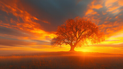 Obraz premium Solitary tree at sunrise, fiery sky, calm field