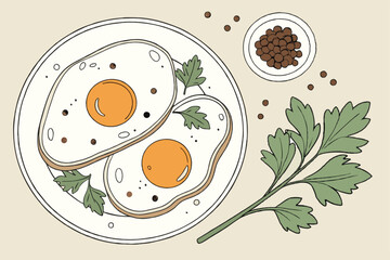 Sunny side up eggs, crispy edges, golden yolks, white plate, overhead view, minimalist breakfast, herb garnish, parsley leaves, black pepper specks, high-resolution food photography, clean backgrou