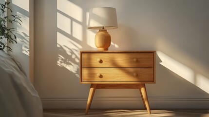 Elegant Simple Solid Wood Bedside Table with Lamp Casting Shadows in a Cozy Bedroom Setting