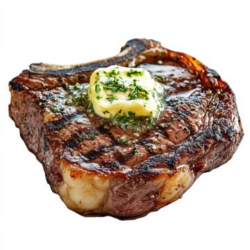 A succulent grilled ribeye steak with a perfect sear and herb butter melting on top, isolated white background, realism art style