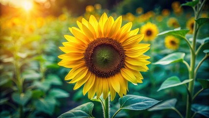 Fototapeta premium Close-up shot of a single sunflower head with delicate petals and dark center, surrounded by lush green leaves and stems, in a scenic rural setting , countryside, plant