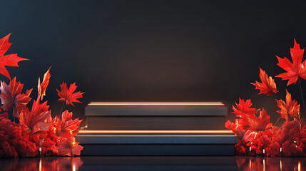 Canada National Day Podium Red Maple Leaves Stage with Glowing Neon Lights on Dark Background