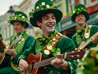 cheerful leprechaun themed band playing lively music on festive street