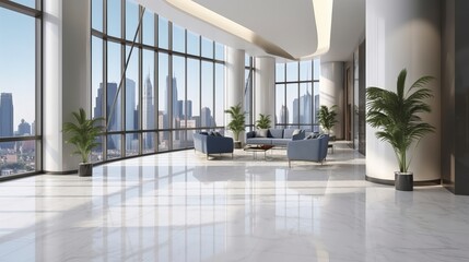 Fototapeta premium Bright Modern Minimalist Office Interior with Large Windows and City View Featuring Comfortable Seating and Elegant Decor
