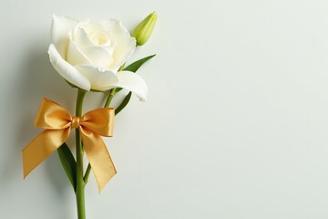 Fototapeta premium A delicate golden bow tied around a white flower stem, floral arrangement, golden bow
