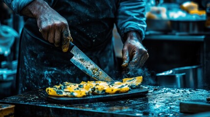 Street food chef slicing potatoes, market stall, bustling background, food preparation