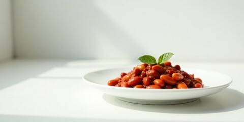 Aromatic Savory Beans in Rich Sauce, Garnished with Fresh Herb, Served on Elegant White Dish in Bright Sunlight