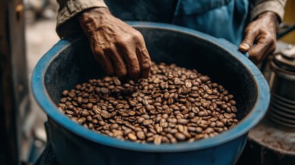 Hands sorting roasted coffee beans in a blue basin, rural setting, agricultural process