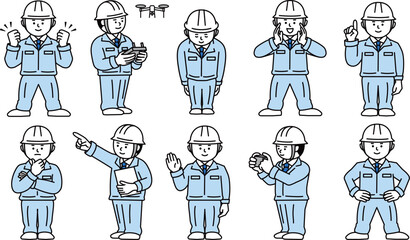 ヘルメットを被った作業員のさまざまなポーズ
