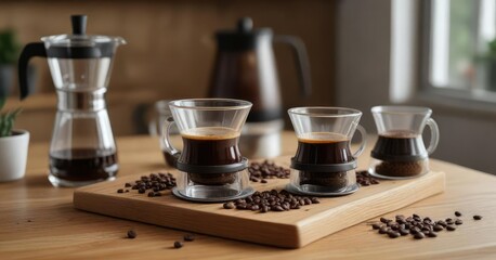 Coffee dripper on a wooden table top with multiple glass containers for coffee beans and coffee grounds, coffee lover, kitchen utensils