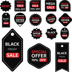 Obraz premium Black Friday big hot sale labels. Cyber monday holiday price tag. Total clearance market promotional banner. Discount shop badge. Save 70 percent deal note sticker. Black and Red Tag