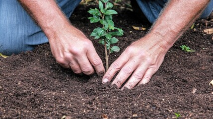 Gardener planting sapling in rich soil, autumn leaves background, environmental conservation