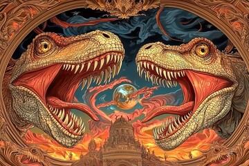 Two dinosaurs with fierce expressions and sharp teeth, framed by ornate golden carvings, set against a dramatic sky with swirling clouds and a glowing planet - AI Generated Digital Art.