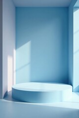 Fototapeta premium Serene Minimalist Display Platform in a Light Blue Room with Soft Sunlight