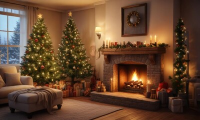 Cozy Christmas scene with a crackling fireplace, beautifully decorated Christmas tree, and soft lighting, festive decor, warm glow
