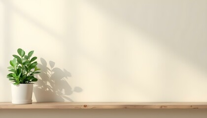 Obraz premium Hedera pot plant on a wooden shelf with copy space