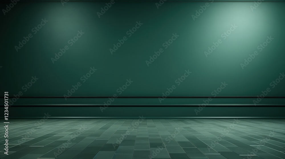 Poster 3d render of an empty space with minimalist design and clean lines in dark green color scheme for in