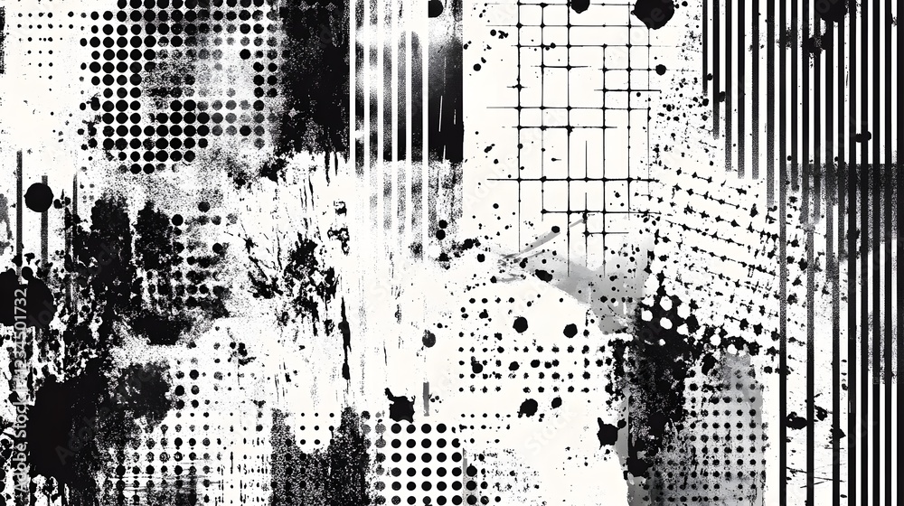Poster Striking Abstract Monochrome Textured Background with Geometric Patterns and Overlapping Designs