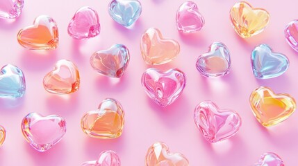 Colorful glass hearts on pink background; Valentine's Day card