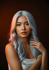 Fototapeta premium Portrait of Asian young woman wearing white dress and blonde silver white gold hair color with cosplay game makeup for photo shoot.