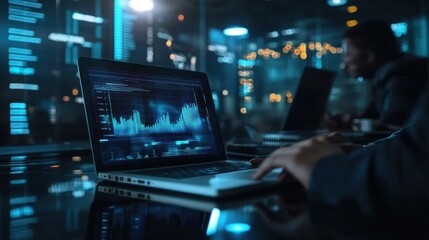 Fototapeta premium Analyst reviewing data graphs on laptop in dark office at night